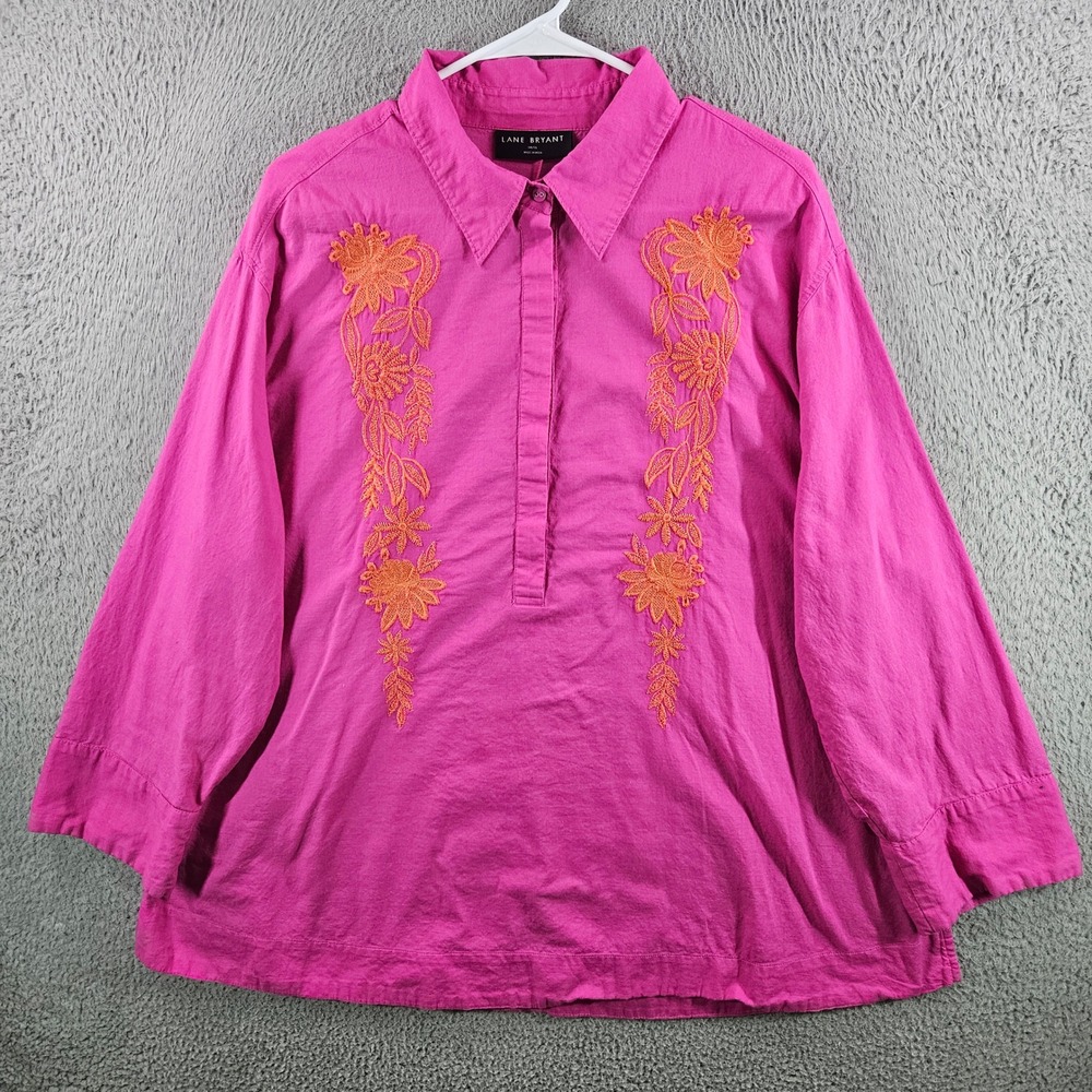 Lane Bryant Pink Cotton Embroidered Floral Tunic Top Womens 14/16 Long Sleeve